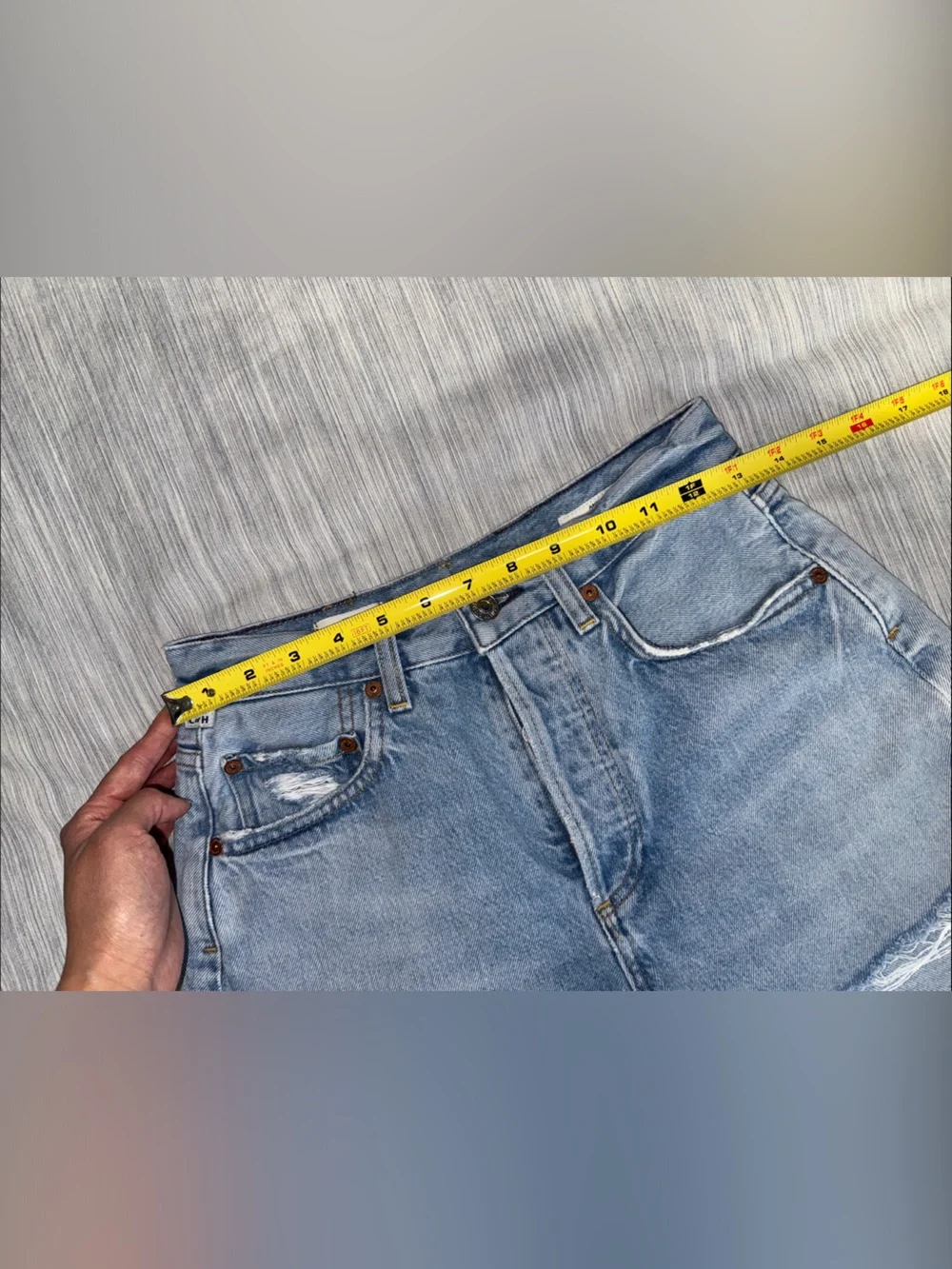 Citizens Of Humanity Annabelle Long Light Blue Distressed Denim Cutoff Shorts